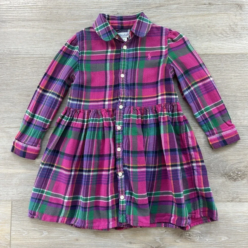 Ralph Lauren 24M Pink Plaid Long Sleeve Shirt Dress Baby Girls Embroidered Pony